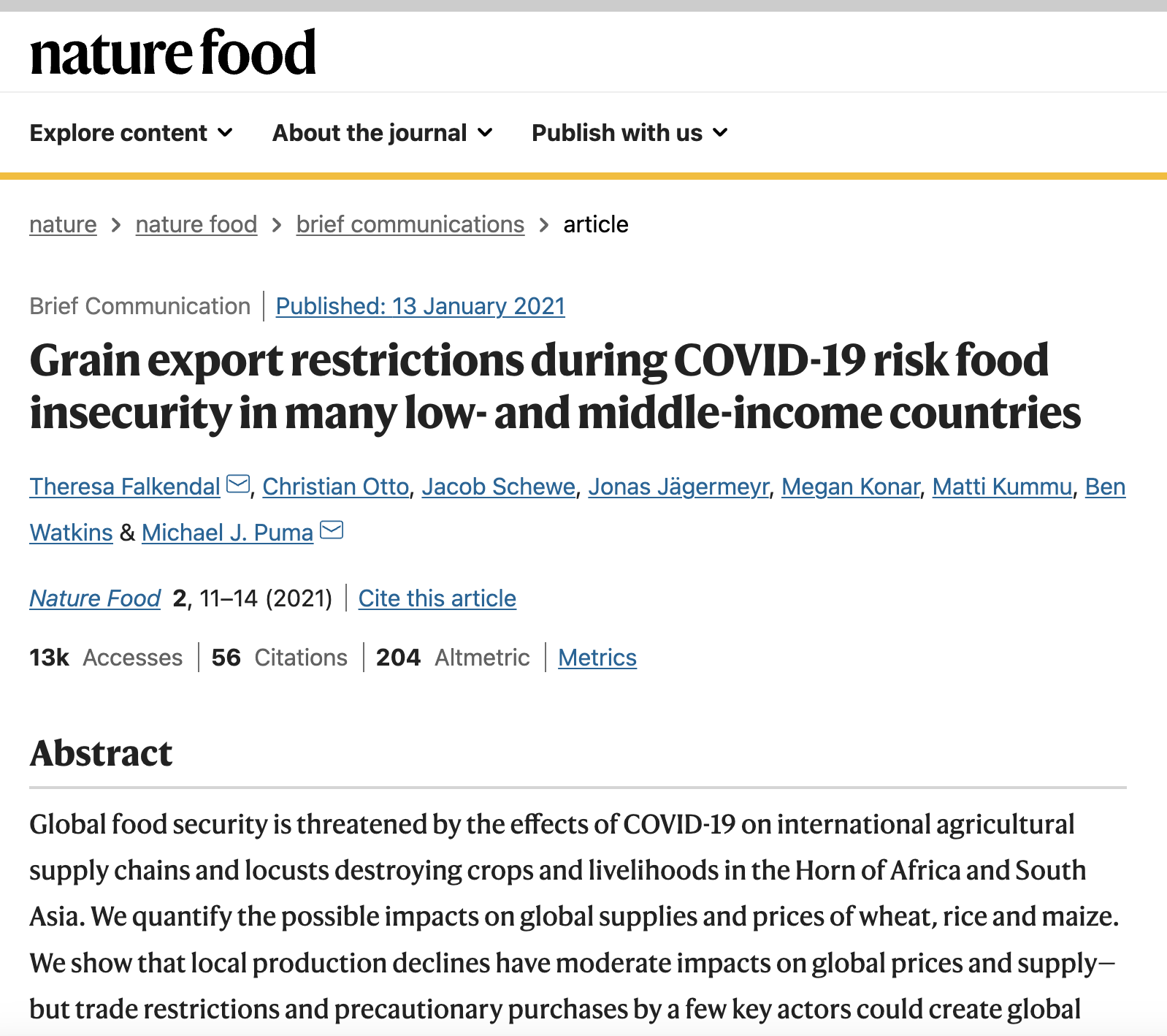 WP3 Agriculture and food production- Grain export restrictions during COVID-19 risk food insecurity in many low- and middle-income countries