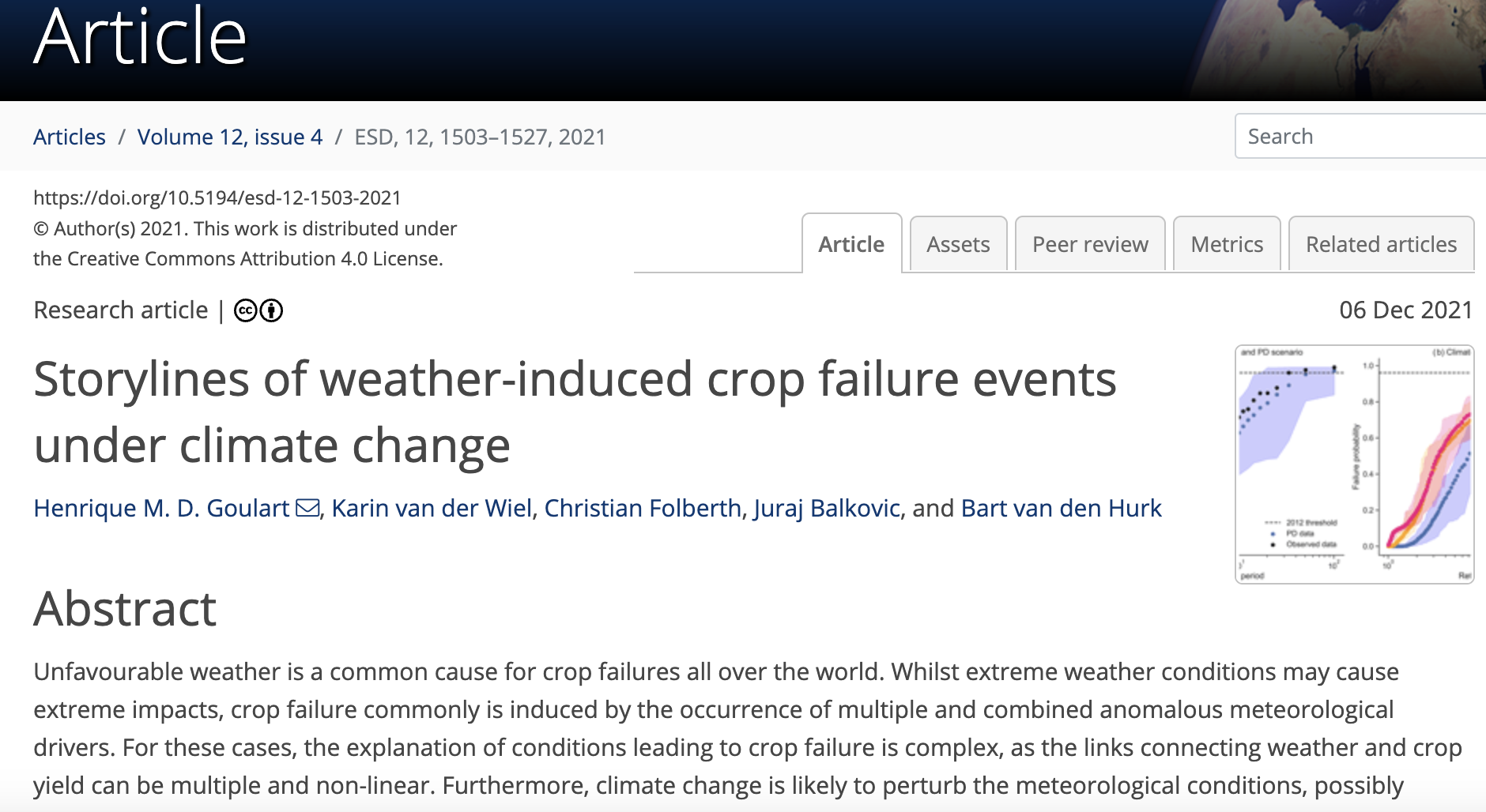 WP3 Agriculture and food production- Storylines of weather-induced crop failure events under climate change