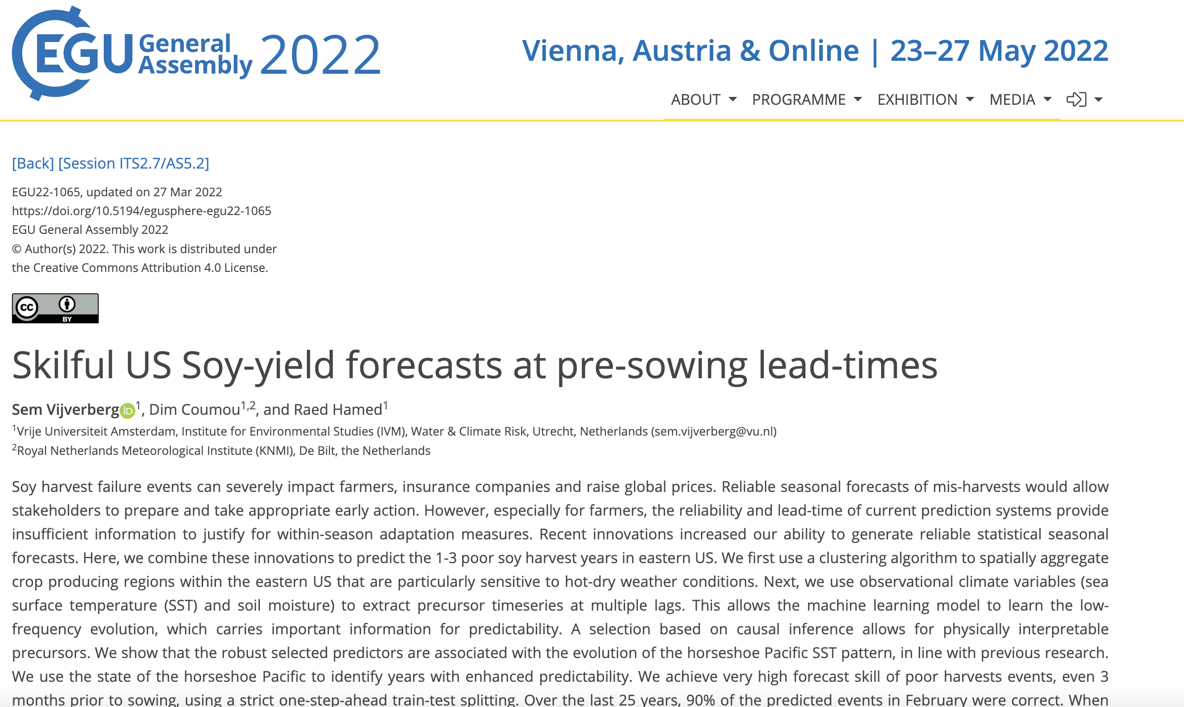 WP3 Agriculture and food production- Skilful US Soy-yield forecasts at pre-sowing lead-times