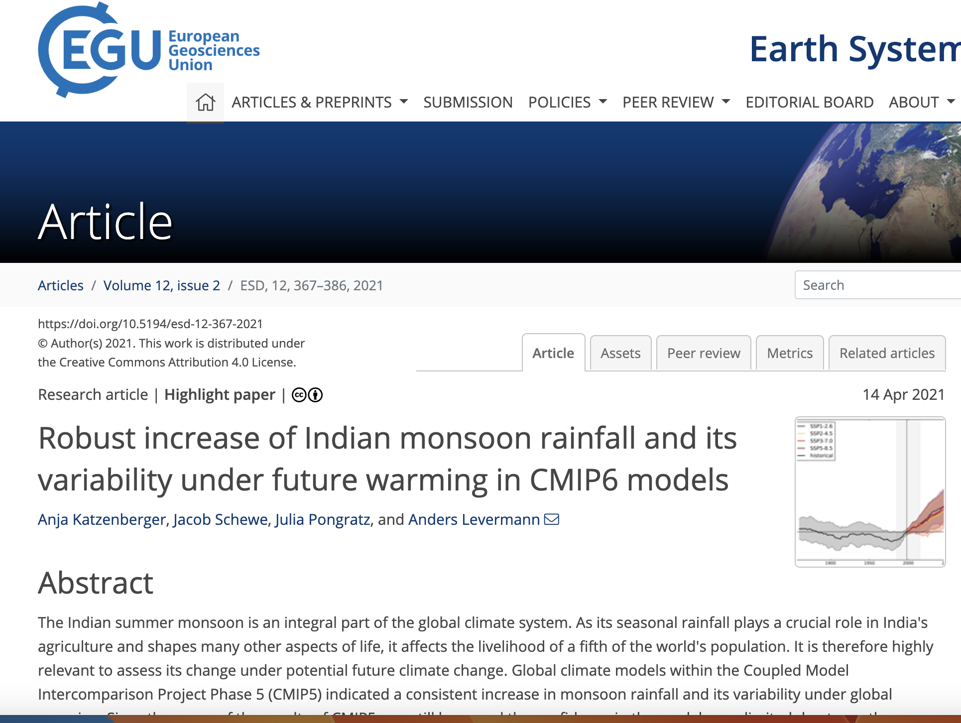 WP5 International cooperation, development and resilience- Robust increase of Indian monsoon rainfall and its variability under future warming in CMIP6 models