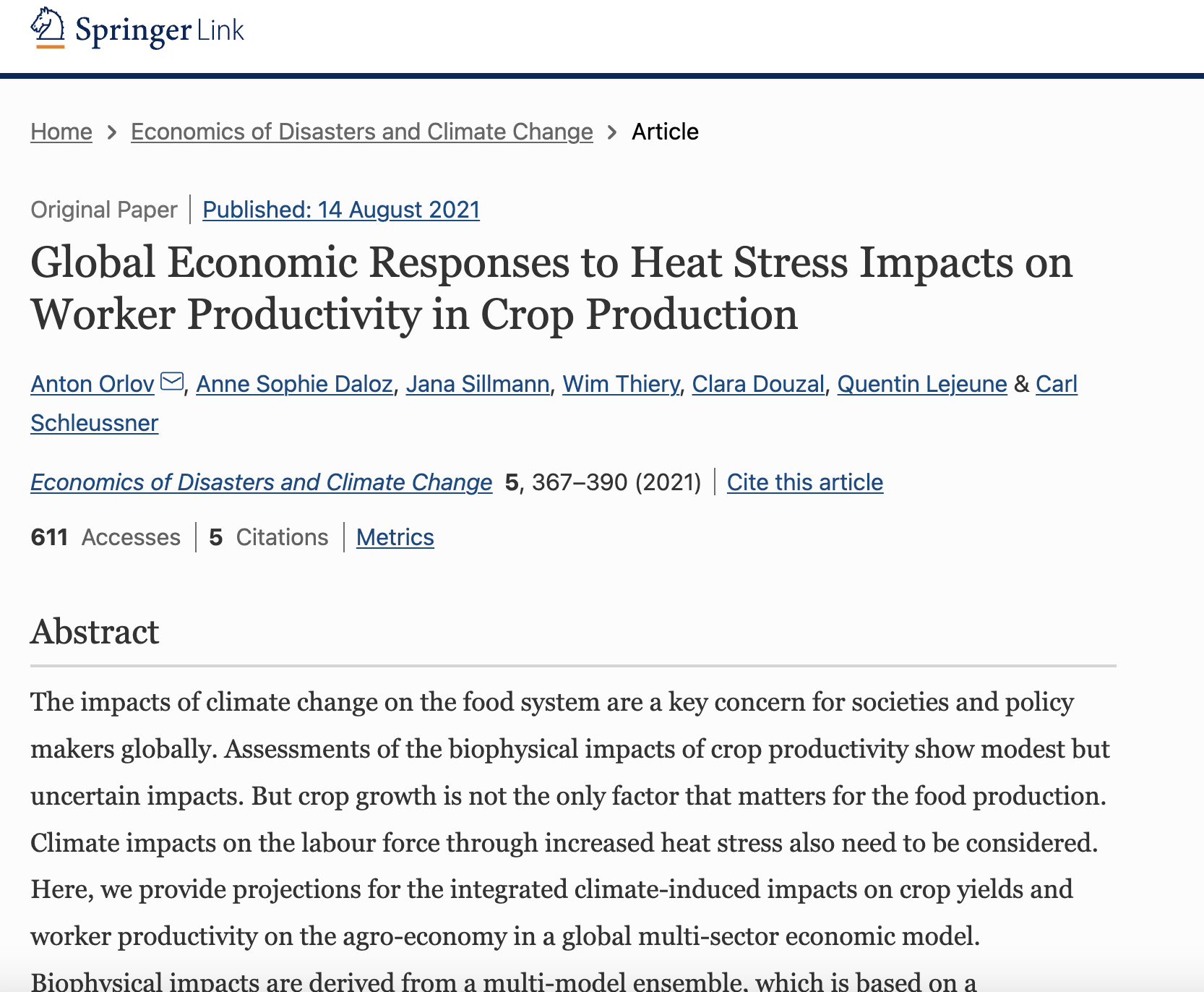 WP8 Synthesis: synergy of risks and policy implications- Global Economic Responses to Heat Stress Impacts on Worker Productivity in Crop Production